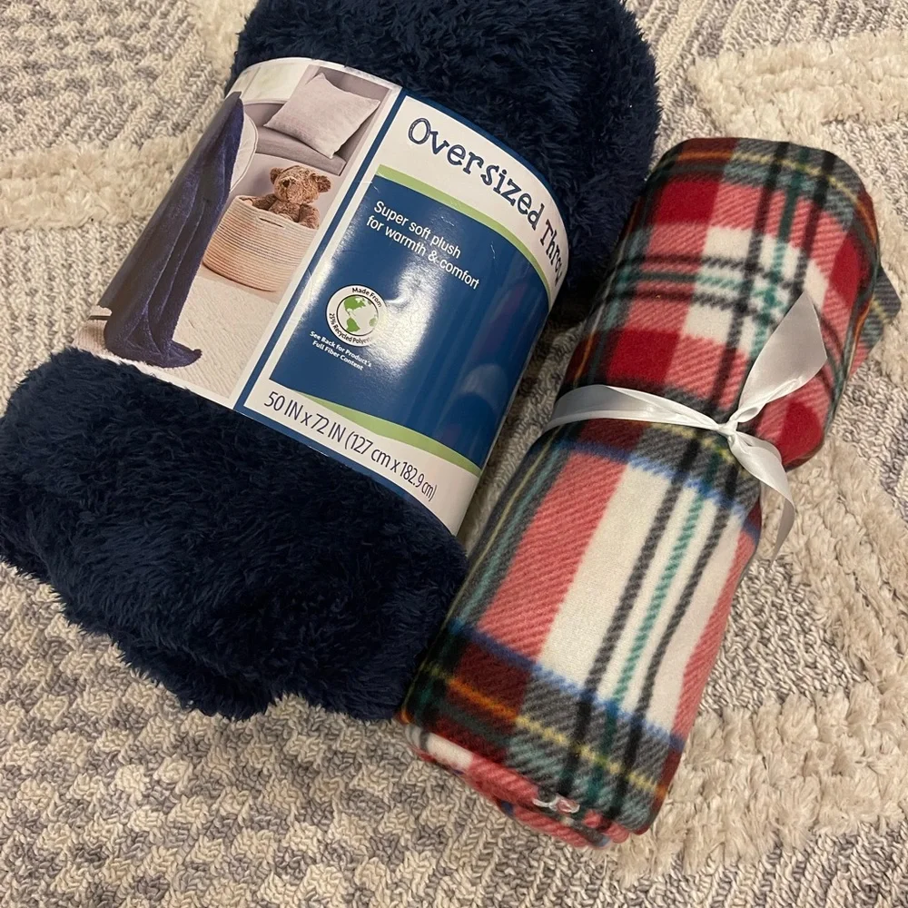 Navy Blue and Plaid Plush Soft Throw Blanket Bundle Lot of 2 NEW